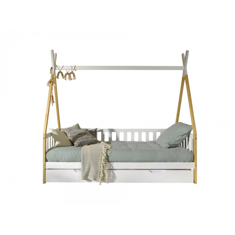 Børneseng tipi med skuffe 90×200 cm – natur/hvid