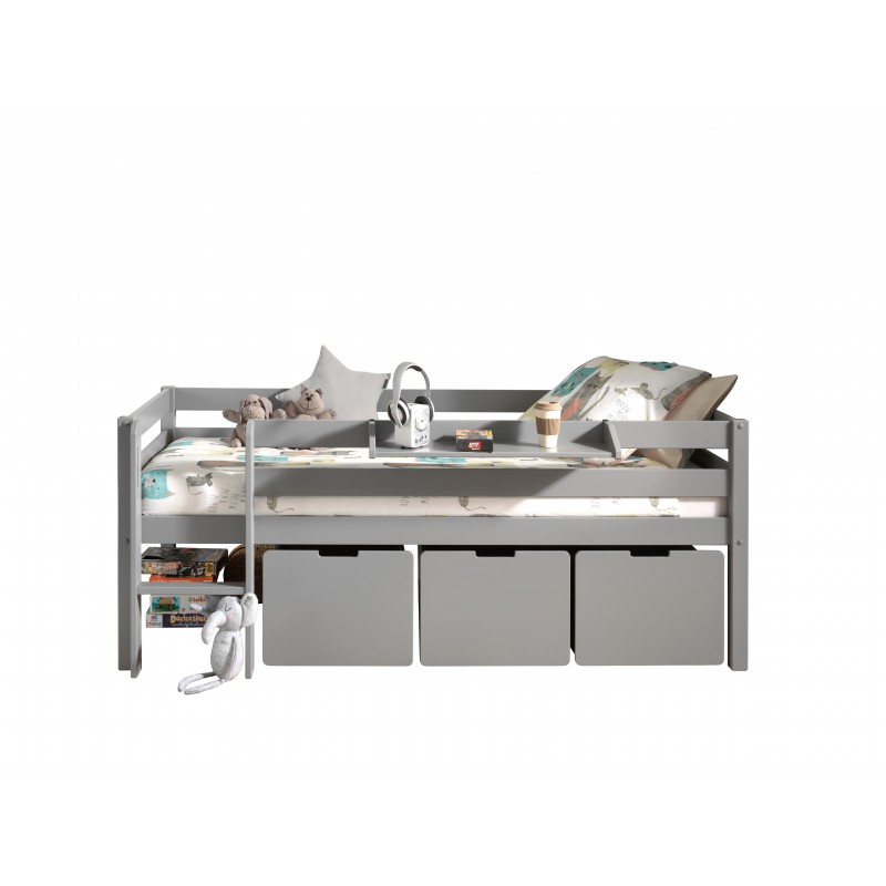 Halvhøj seng til børn – Pino, grå med skuffer og hylde