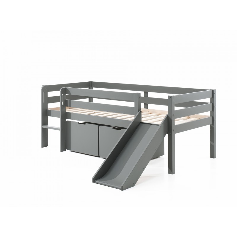 Halvhøj børneseng med rutsjebane og 2 skuffer – Pino, grå