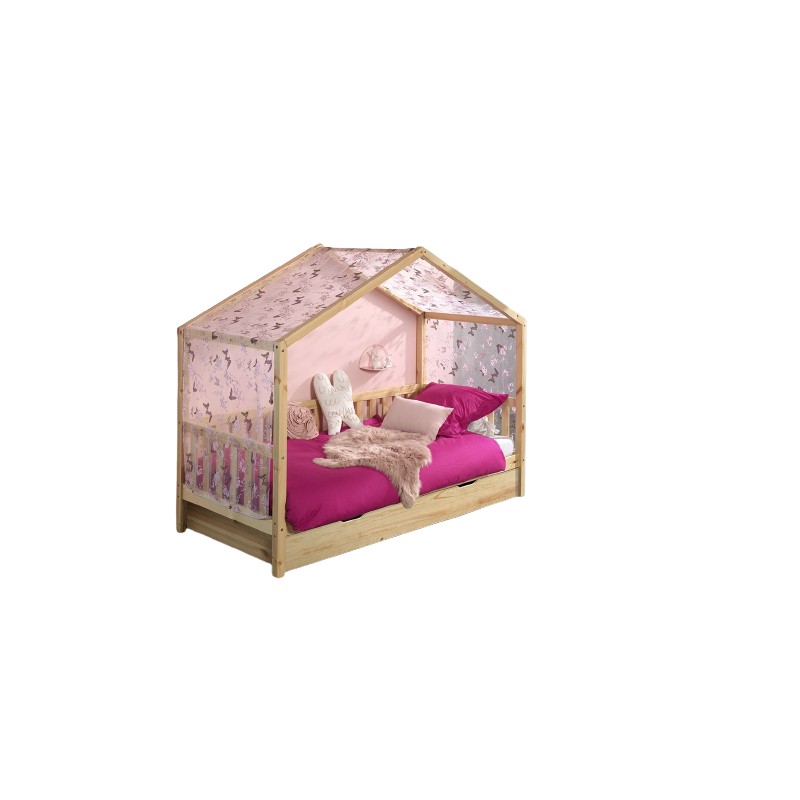 Børneseng hus med skuffe og tekstilsæt – Dallas, natur (90 × 190/200 cm)