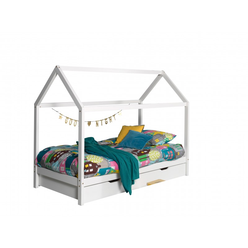 Børneseng med hustag DALLAS med skuffe – hvid (90 x 200 cm)