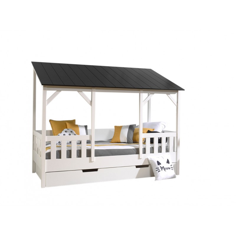 Børneseng hus med tag og skuffe 90×200 cm – hvid/sort