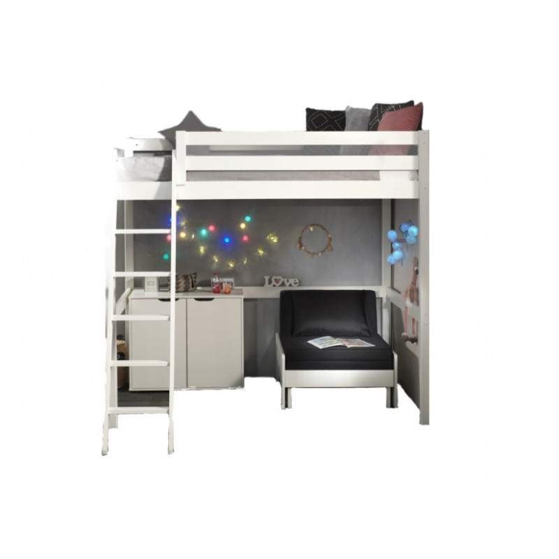 Høj juniorseng med sofa og kommode – Pino (140 × 200 cm) hvid