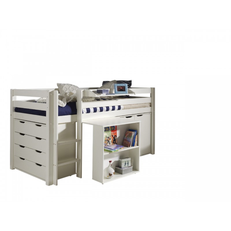 Halvhøj seng med skrivebord og opbevaring – Pino, hvid