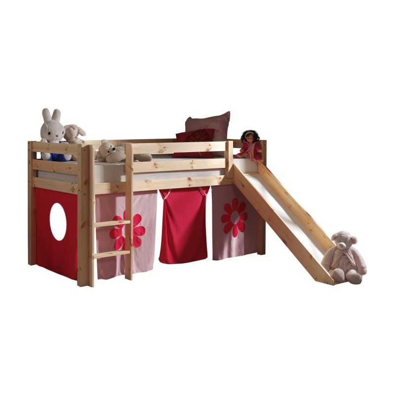 Halvhøj seng med rutsjebane – Pino, natur med pink Flower forhæng