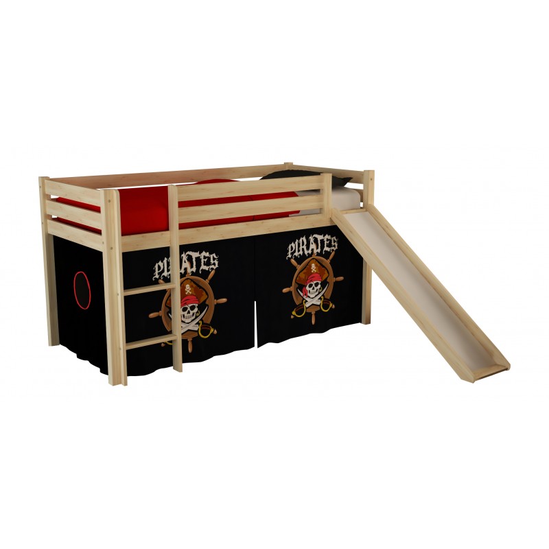 Halvhøj seng med rutsjebane – Pino, natur med Pirat-gardin