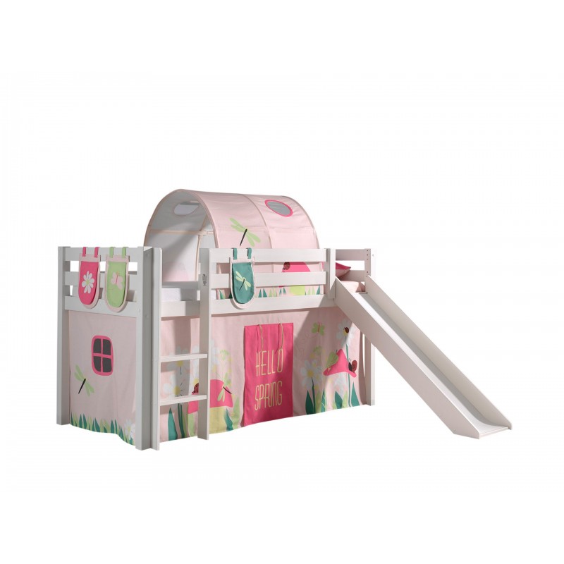 Halvhøj seng med rutsjebane Pino – hvid, Spring tekstilsæt