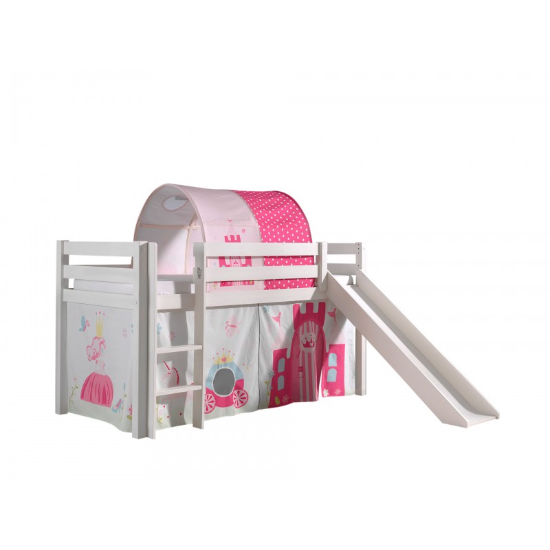 Halvhøj seng med rutsjebane – Pino, hvid, Prinsesse forhæng og tunnel
