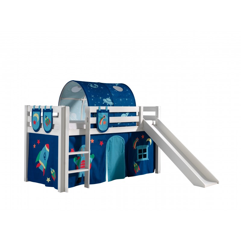 Halvhøj seng med rutsjebane – Pino, hvid, Astro tekstilsæt