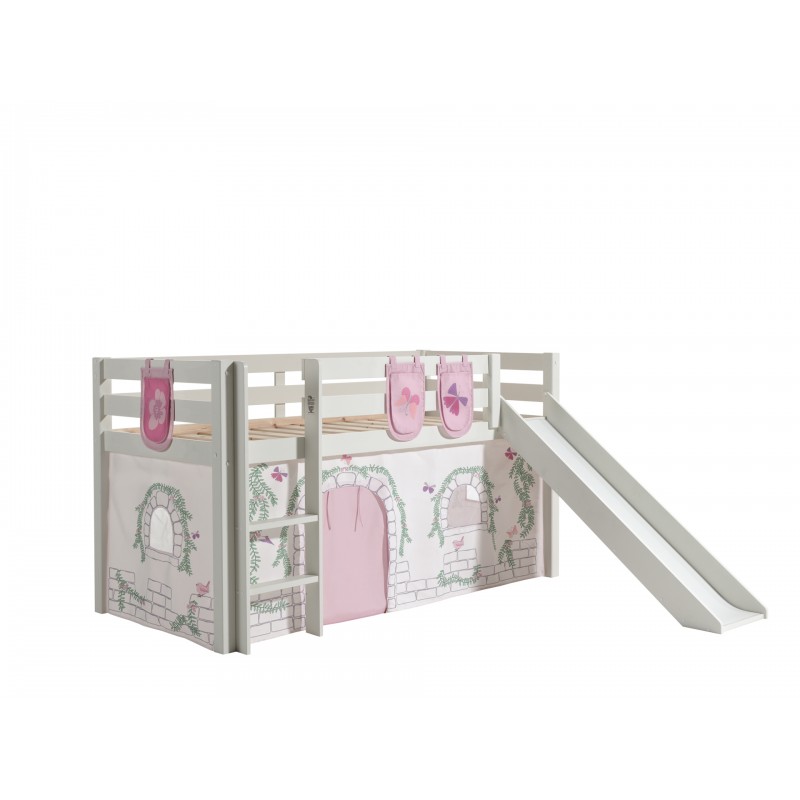 Halvhøj seng med rutsjebane – Pino, hvid med Birdy gardin