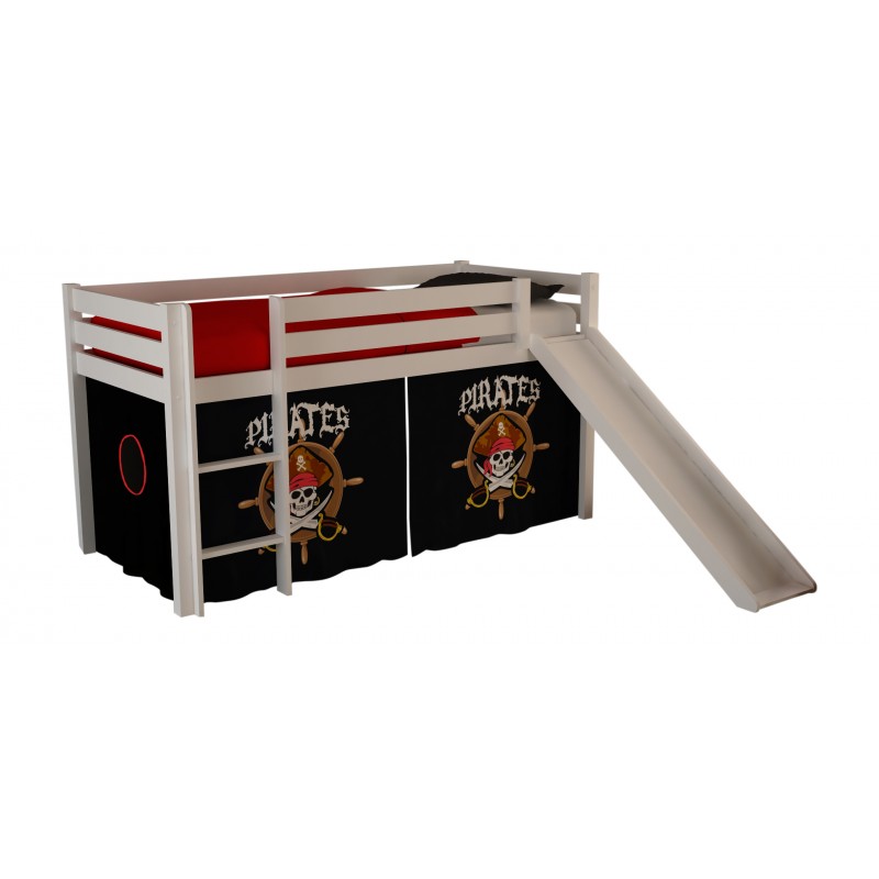 Halvhøj seng med rutsjebane – Pino, hvid, med Pirates forhæng