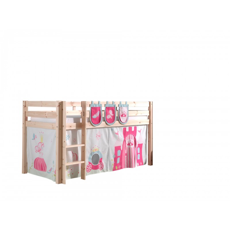 Halvhøj seng til børn Pino – natur med prinsesseforhæng og 3 lommer