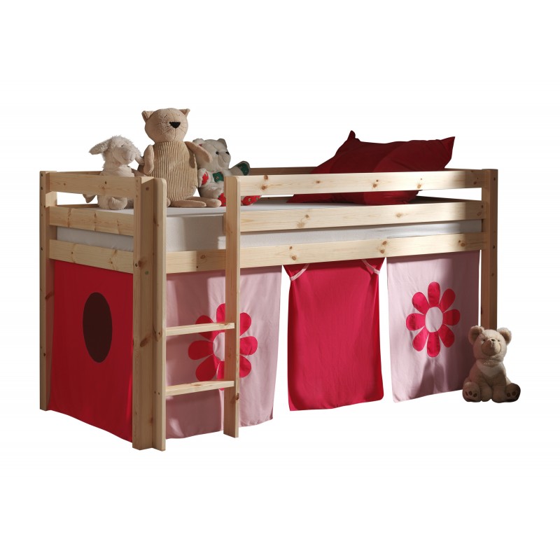 Halvhøj seng med forhæng – PINO, natur og Pink Flower