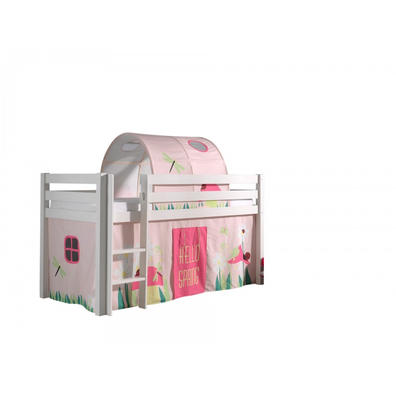 Halvhøj seng til børn – Pino, hvid med forheng og tunnel Spring
