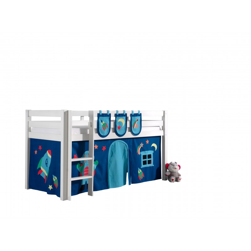Halvhøj seng til børn Pino – hvid med Astro forhæng og lommer
