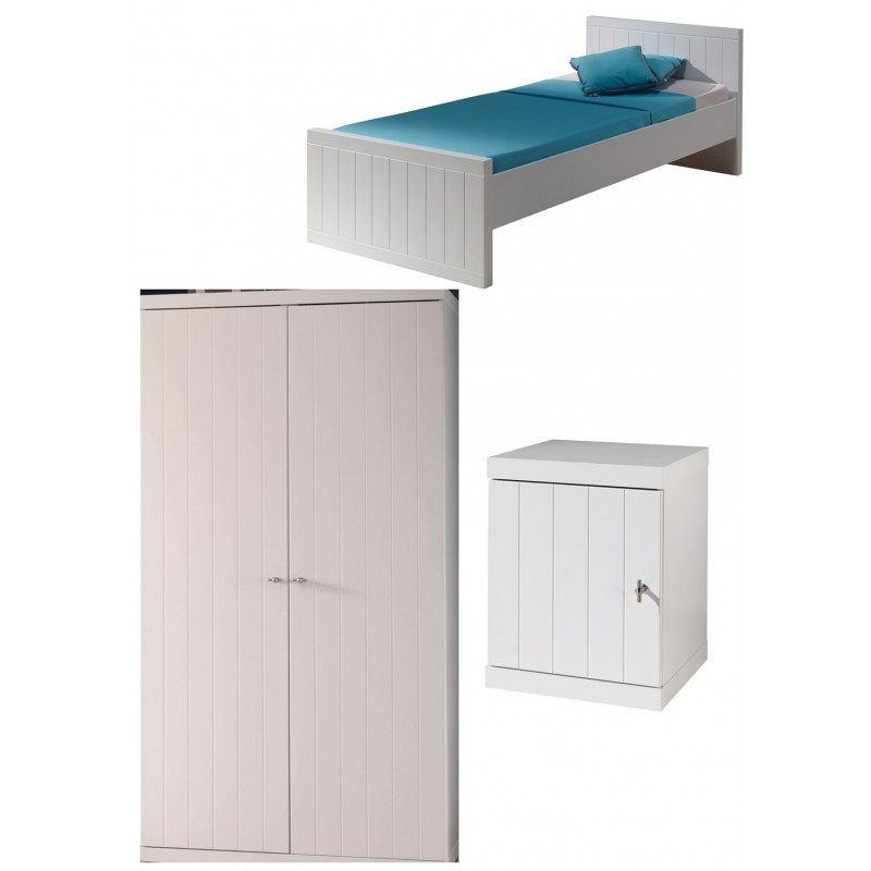 Børnemøbelsæt i hvid – Robin seng 90×200 cm, natbord og 2-dørs garderobe