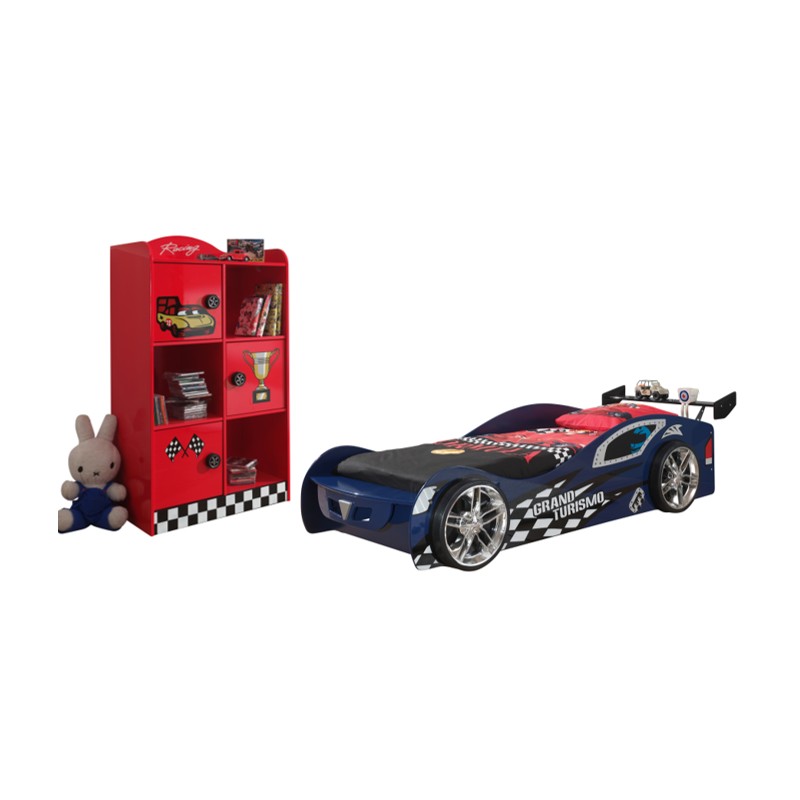 Børneseng og reol – racerbilsæt, blå/rød