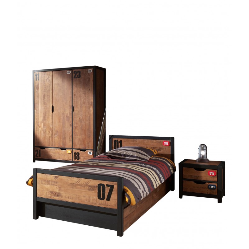 Børnemøbelsæt Alex – natur, seng 90 × 200 cm med skuffe, natbord og 3-dørs garderobe