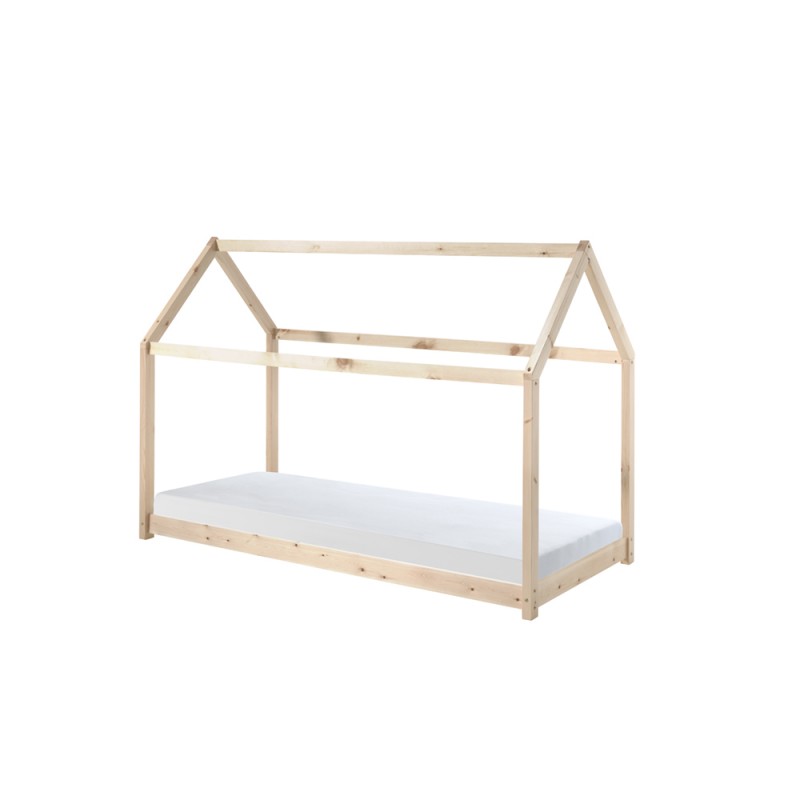 Børneseng husform 90 × 200 cm med madras – Natur (Cabane)