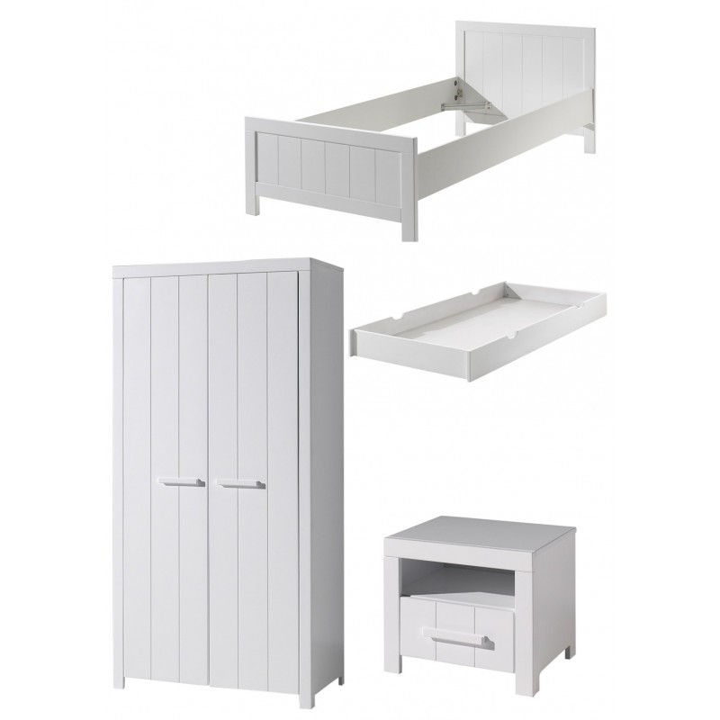 Børnemøbelsæt i hvid – Erik Sæt med seng 90×200, skuffe, natbord og 2-dørs garderobeskab