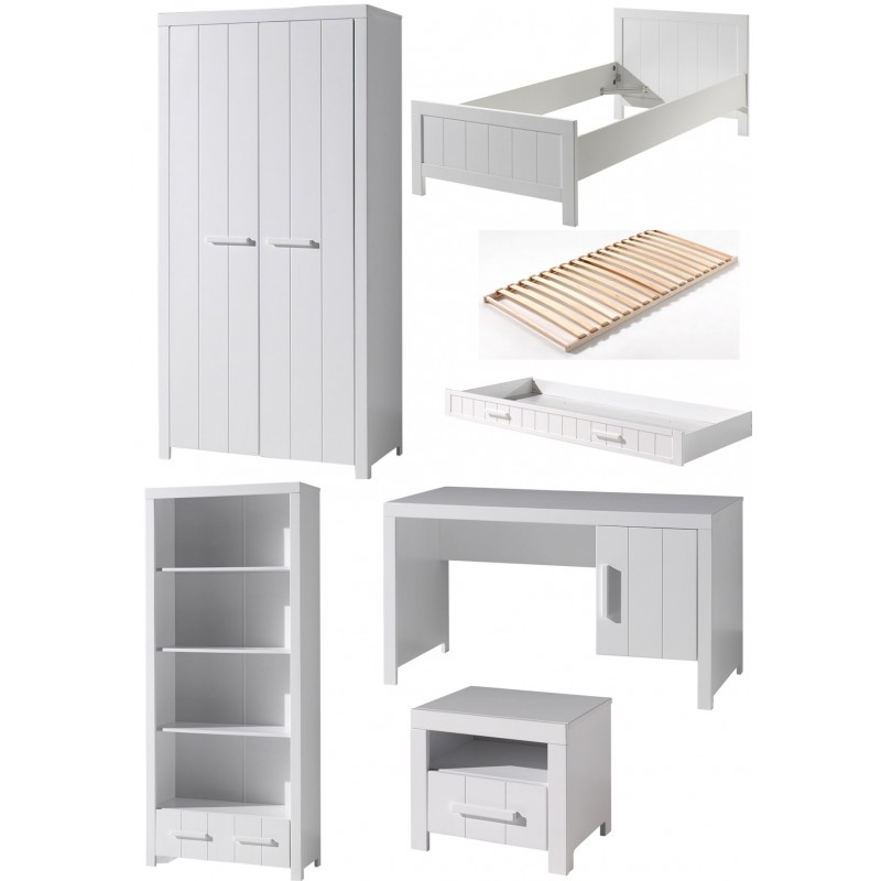 Børnemøbelsæt hvid – Erik Sæt (seng 90×200, garderobeskab, skrivebord, reol, natbord)