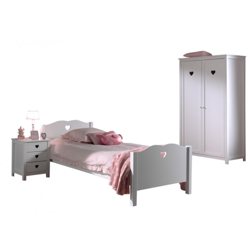 Børneværelsessæt Amori – hvid (seng 90 × 200 cm, natbord og garderobeskab)