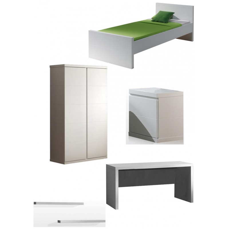 Børneværelsessæt i hvid – Lara sæt med seng 90×200, natbord, garderobeskab, skrivebord og 2 væghylder