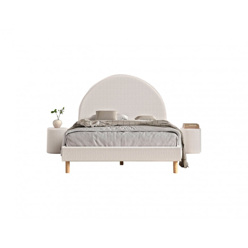 Seng med gavl 140 x 200 cm + 2 puffer – Moon, hvid bouclé