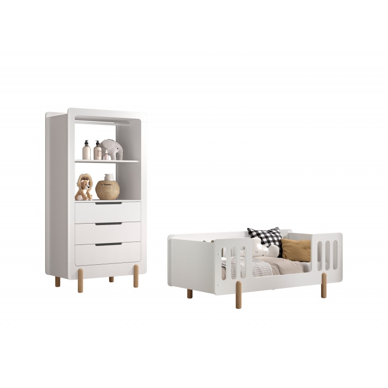 Børnesæt med juniorseng og kommode – Smile (70 × 140 cm) – Hvid
