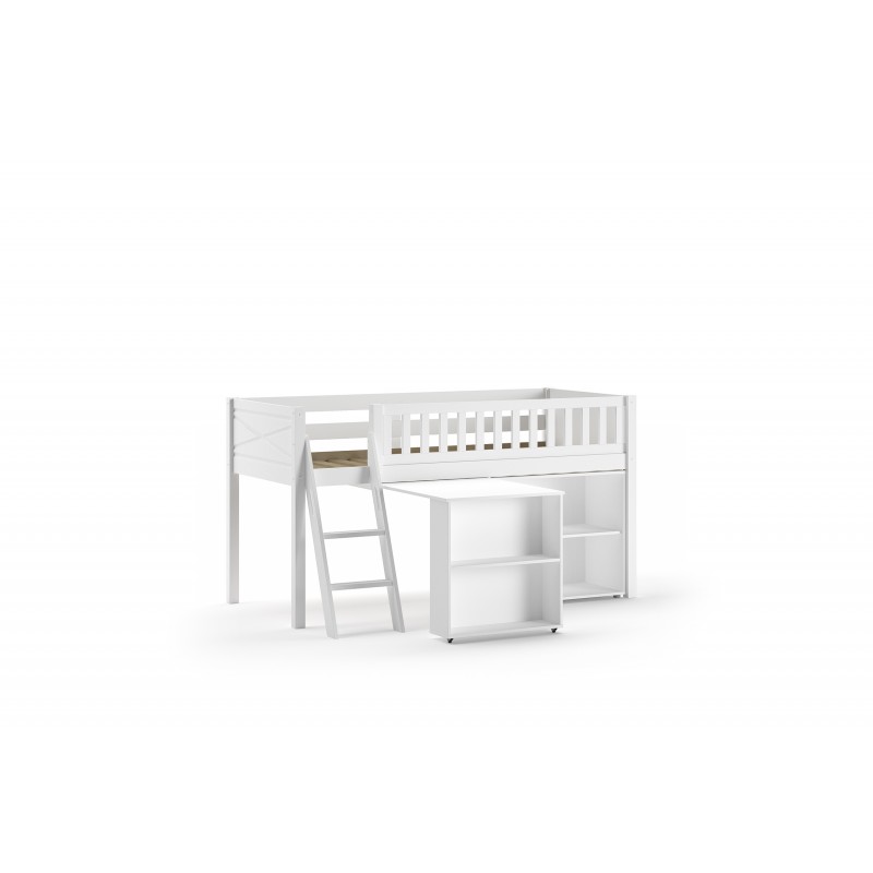 Halvhøj seng med skrivebord og reol – Scott Sæt, hvid (90 × 200 cm)