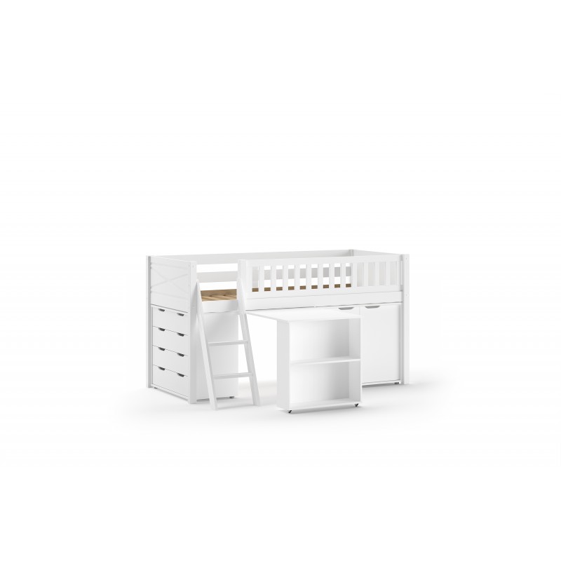 Halvhøj seng med skrivebord og opbevaring – Scott Sæt, hvid