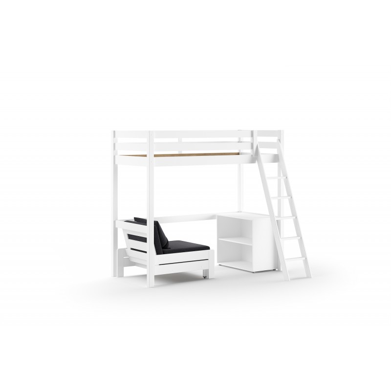 Høj juniorseng med sofa og reol – Pino Sæt, hvid