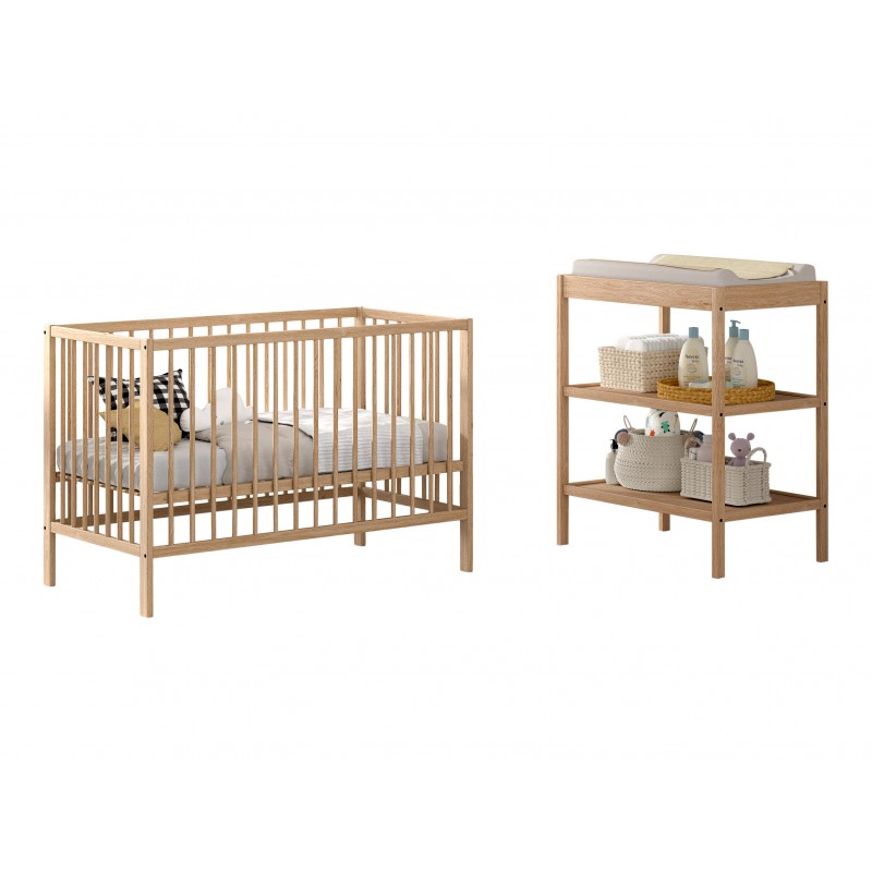 Baby seng og puslebord sæt – Dino (60 × 120 cm), natur