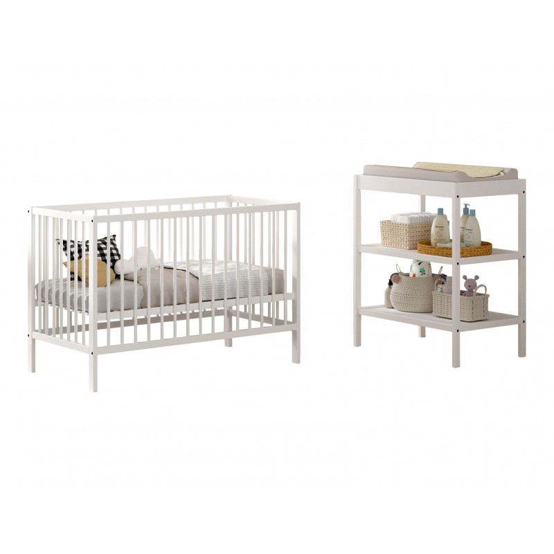 Baby seng og puslebord sæt 60 × 120 cm – Dino, hvid