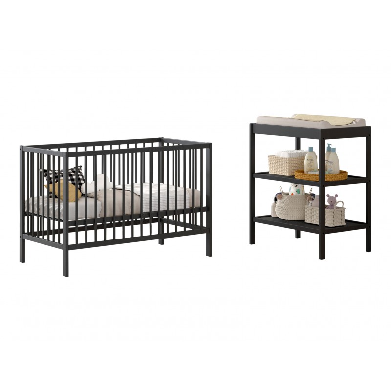 Baby sæt med tremmeseng 60 × 120 cm og puslebord – Dino, antracit