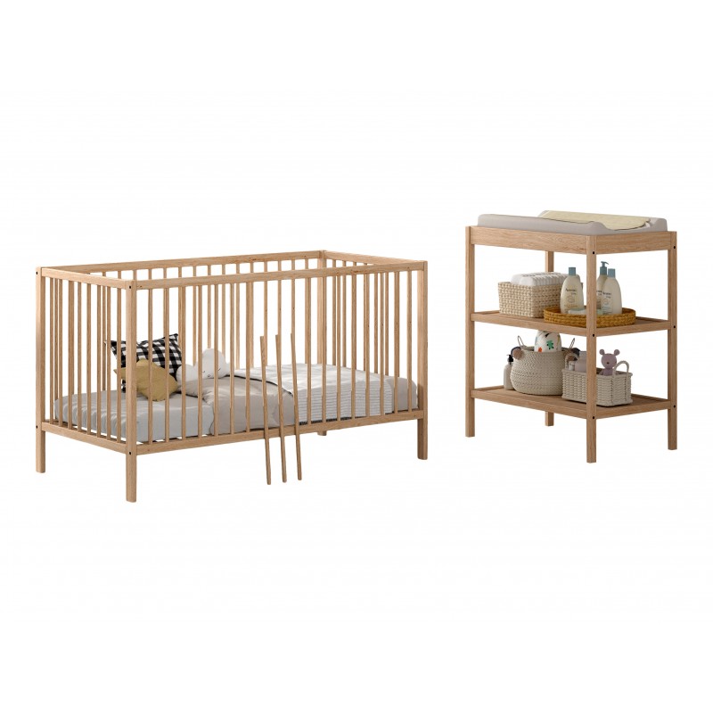 Babyseng med puslebord – Dino sæt 70 x 140 cm, natur