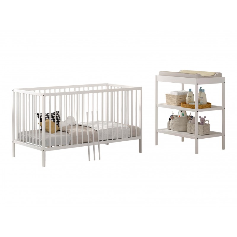 Babyseng og puslebord sæt – Dino, 70 × 140 cm, hvid