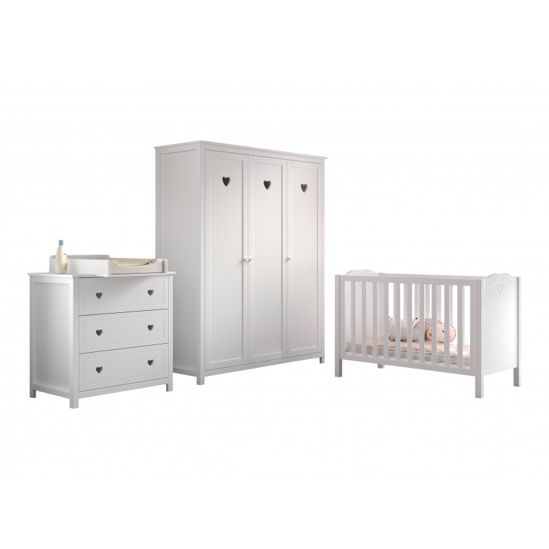 Børneværelsessæt med tremmeseng, kommode og garderobeskab – Amori, hvid