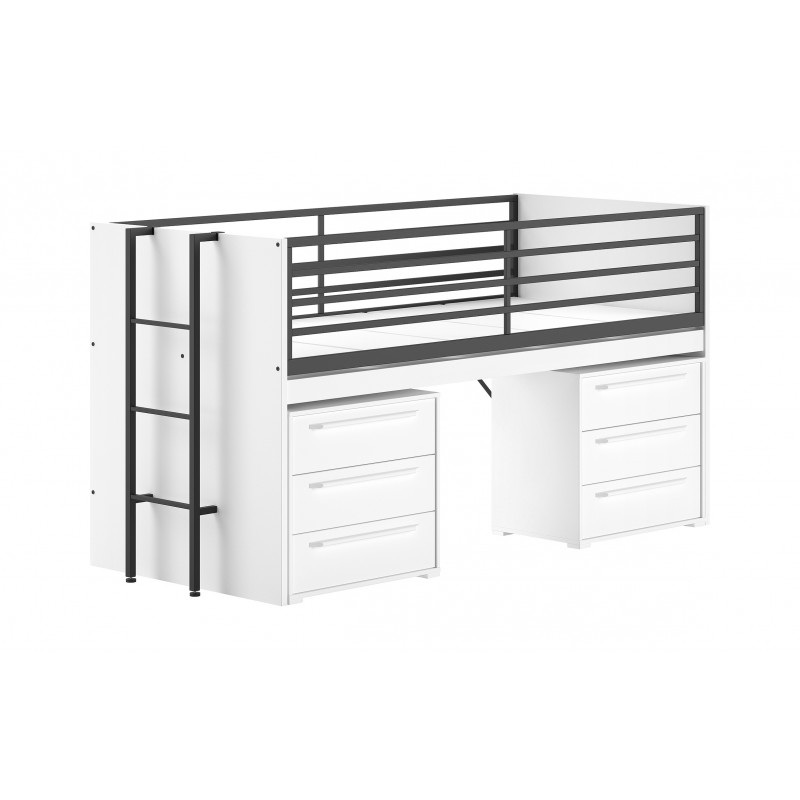 Halvhøj seng med skrivebord og opbevaring – Sam sæt 90 × 200 cm, hvid