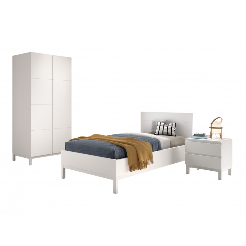 Børneværelse sæt – Eva 90 x 200 cm, hvid seng, natbord og garderobeskab