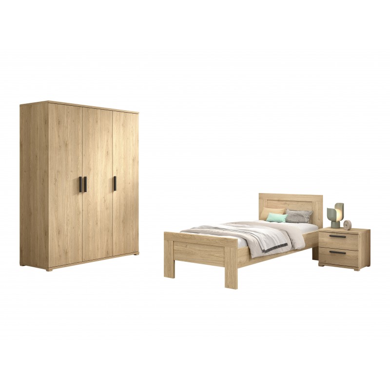 Børneseng med garderobeskab og natbord – Sam sæt 90 x 200 cm, eg