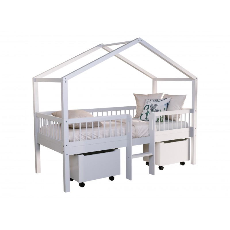 Husseng til børn 90 × 200 cm – Forrest Beech, hvid – med stige og 2 opbevaringsskuffer