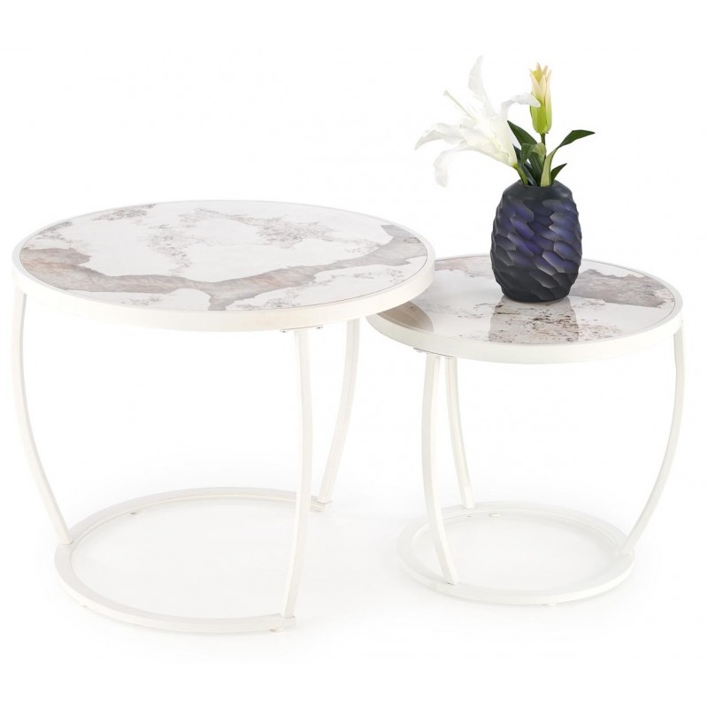 INES sæt af to sofaborde, Beige marmor / Hvid
