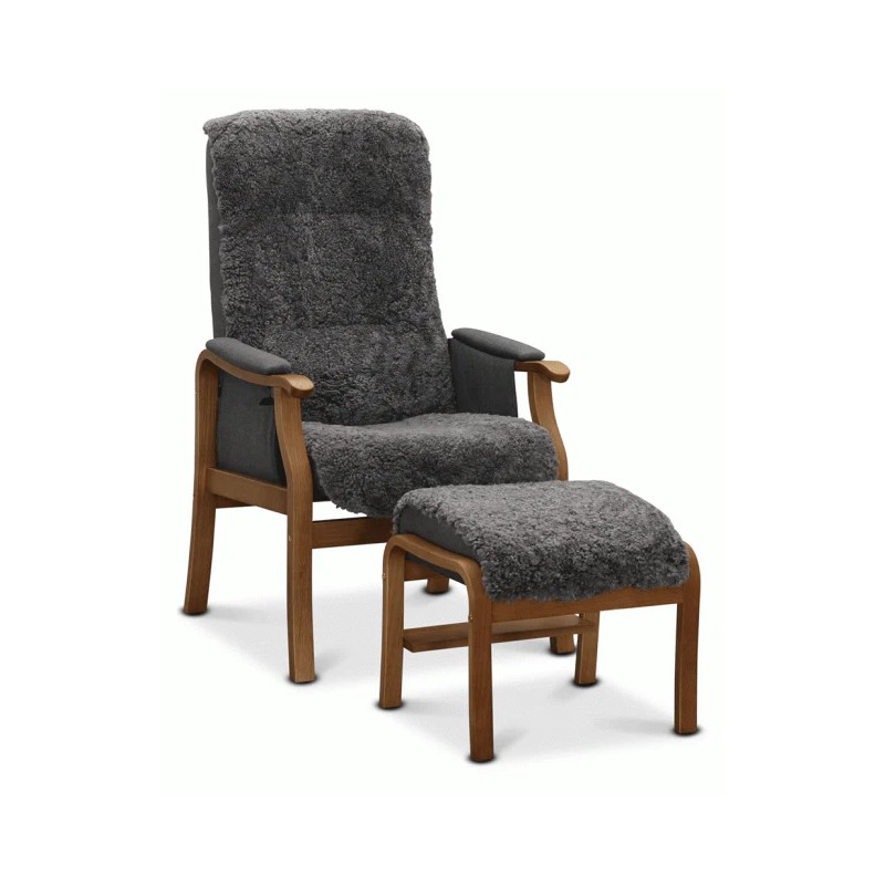 Oxford otium lænestol med skammel - Fåreskind Grafit med Mahogni stel