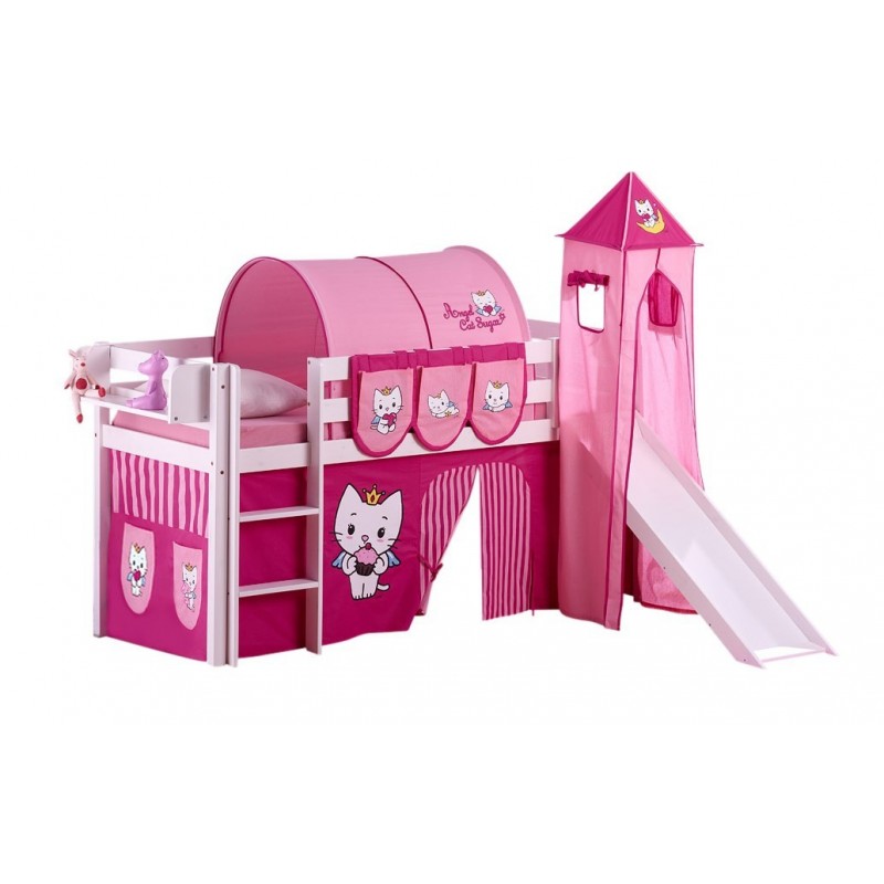 Bumle halvhøj seng m. rutsch, tårn og forhæng - Angel Cat Sugar