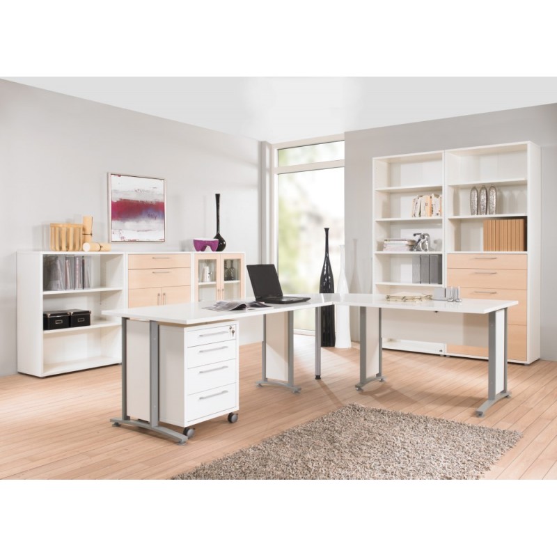 TVILUM Prima hjørneskrivebord - hvid træ m stålstel, m 4 skuffer