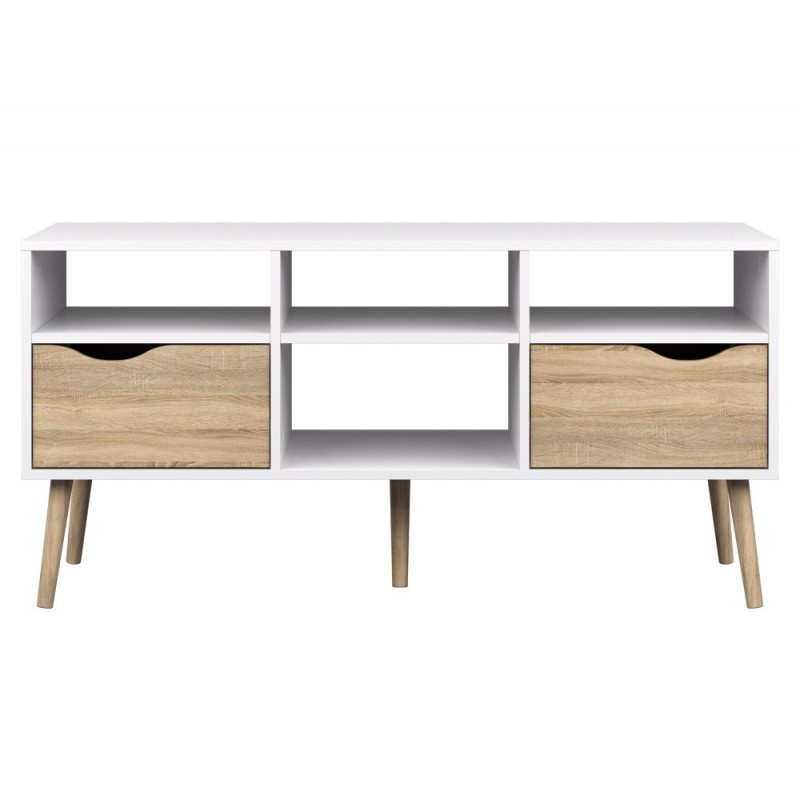 TVILUM Delta TV-bord - hvid/egestruktur, 2 skuffer og 4 rum