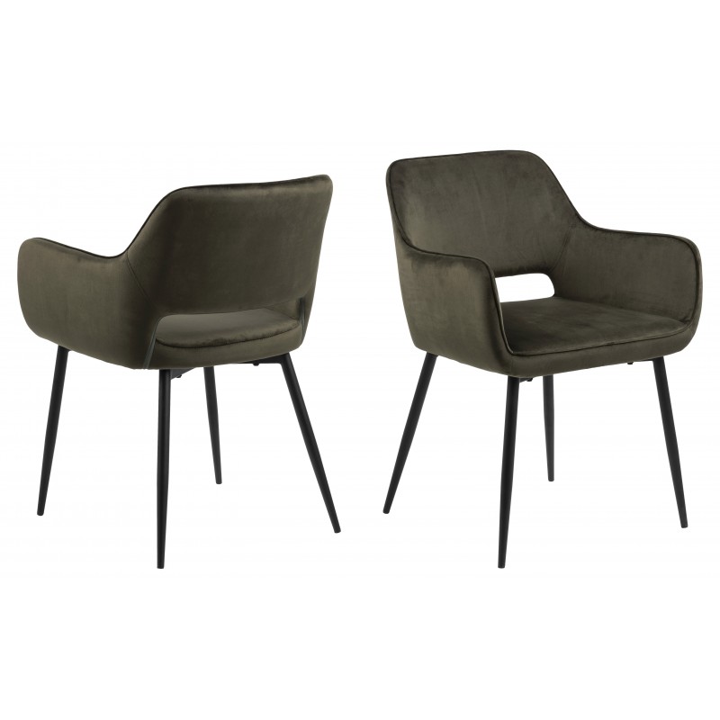 Spisebordsstol med armlæn Signature Caralyn i olivengrønt Dublin-stof med mat sort stålstel skandinavisk design