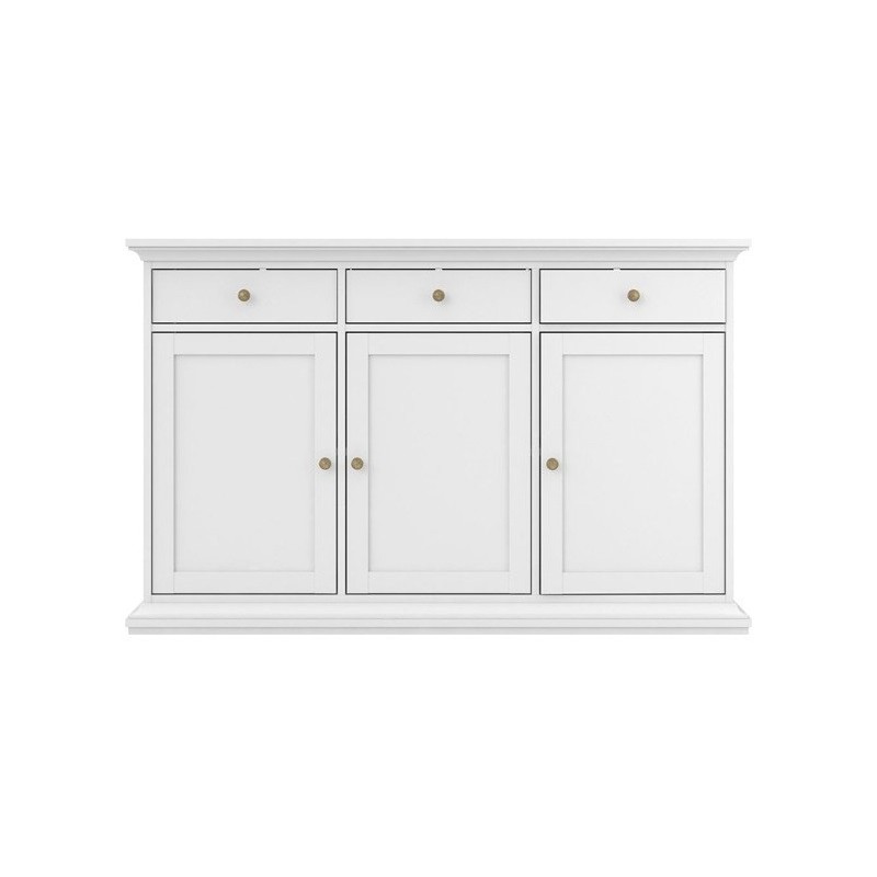 Skænk Vesterholm Nora, hvid - væghængt skænk med 3 døre og 3 skuffer, dansk FSC-træ, H92xB144xD46 cm