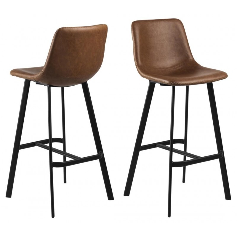 Barstole Signature Zairea Brandy PU-retro sæt af 2 med mat sort stel og creme zigzag syninger H103xB46xD50 cm